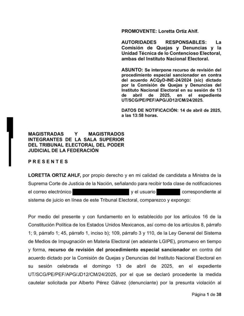 PIDE LORETTA ORTIZ AL TRIBUNAL ELECTORAL REVISAR ACTUACIÓN DEL INE EN EL PROCESO DE ELECCIÓN DE CARGOS AL PODER JUDICIAL